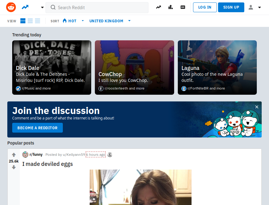 The new Reddit front page: large image cards, big type and wide whitespace, with far fewer items on screen
