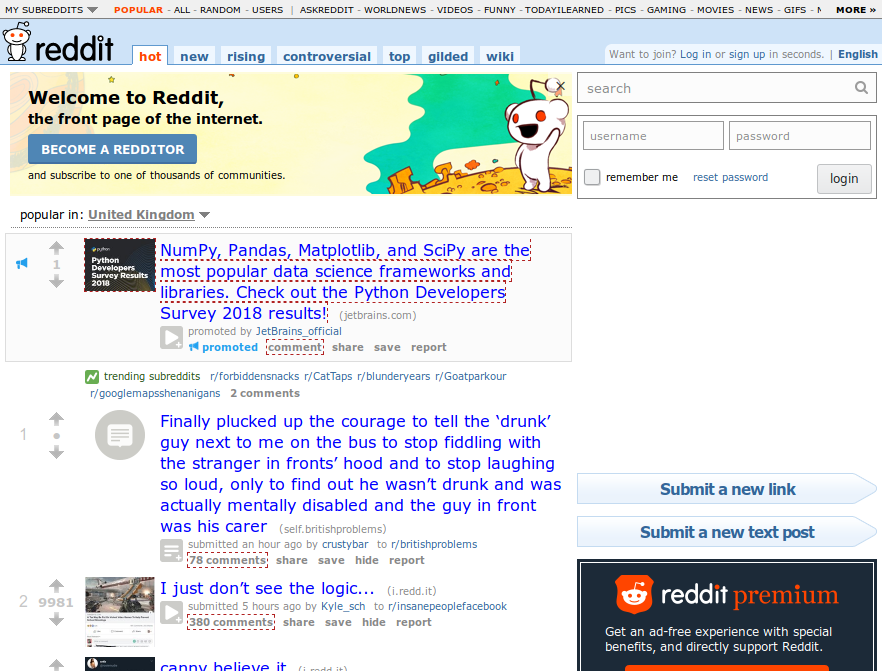 The old Reddit front page: a dense list of blue text links and small thumbnails packed tightly on a plain background